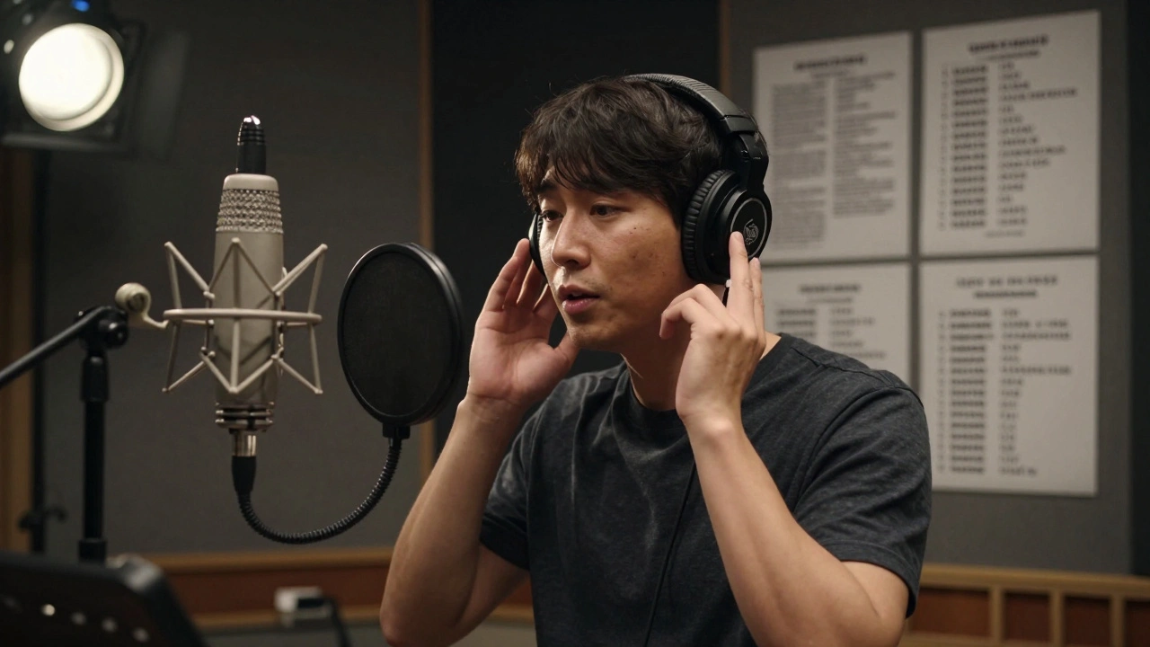 A voice actor records a culturally nuanced dub, matching emotional timing and pauses from the original film.