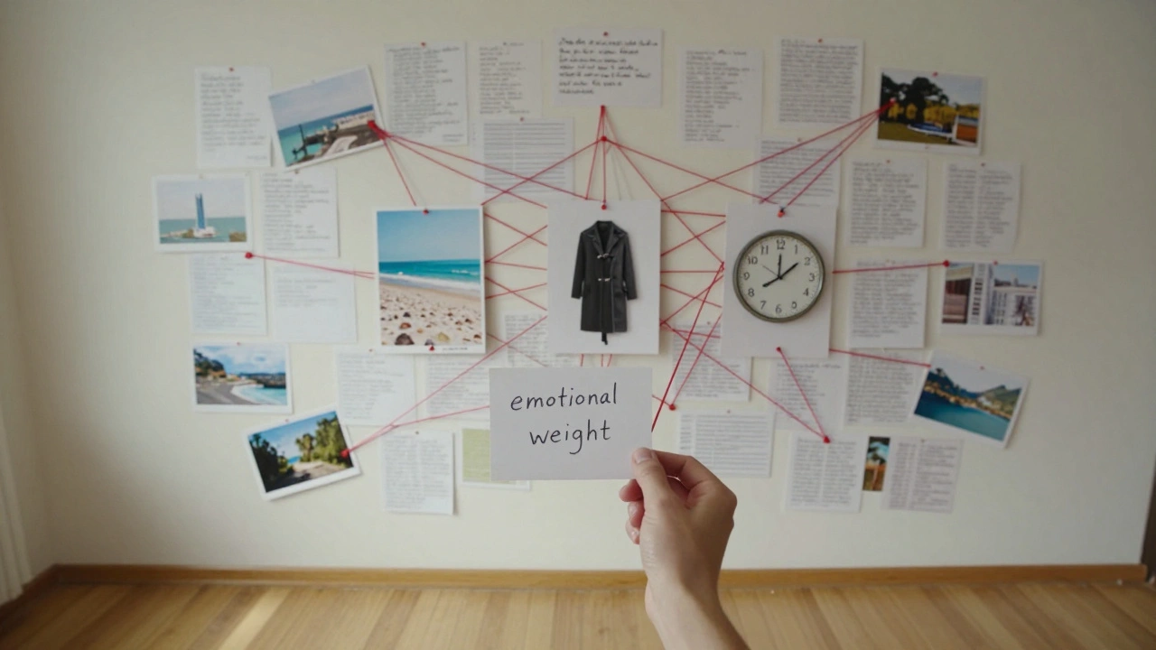 A wall of shuffled film scene cards connected by threads, with three recurring images at the center.