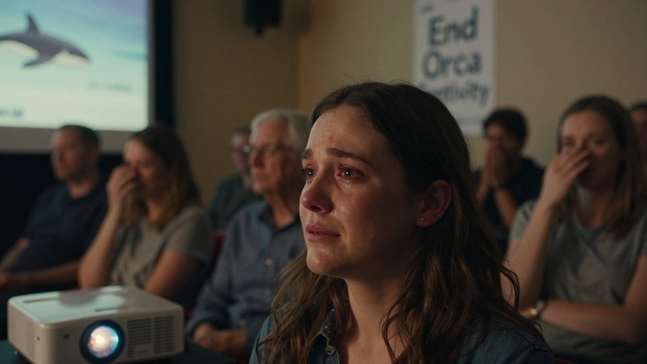 A woman crying as she watches an activist documentary in a community center, lit by projector glow.