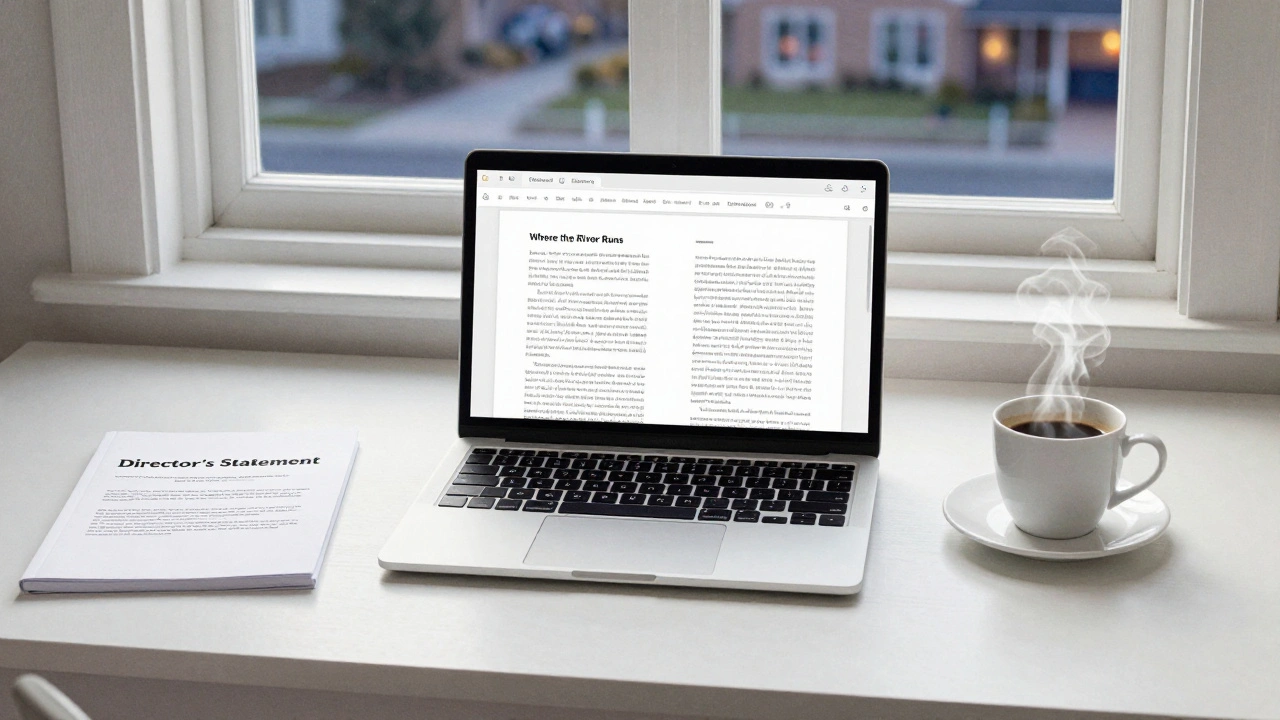 A writer drafts a thoughtful film review with only a director's statement and coffee on the desk, no promotional materials.