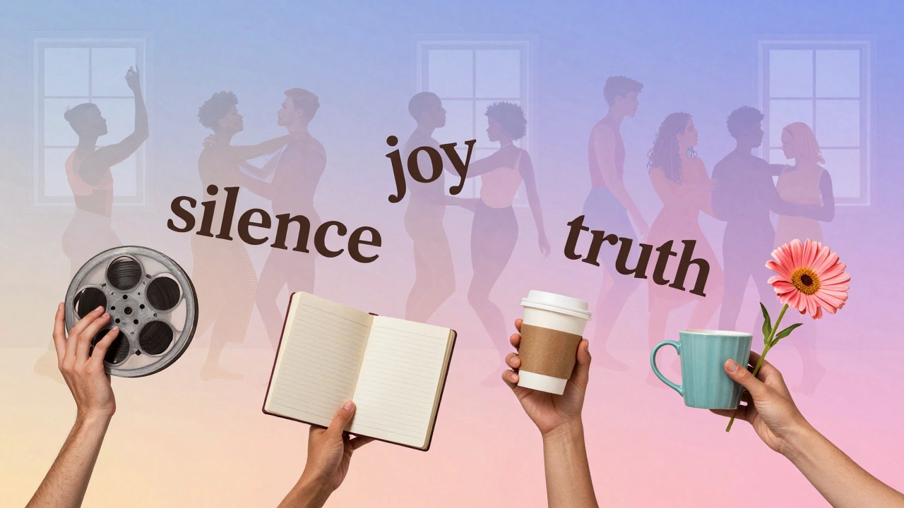 Abstract hands and floating words representing queer joy, truth, and belonging.