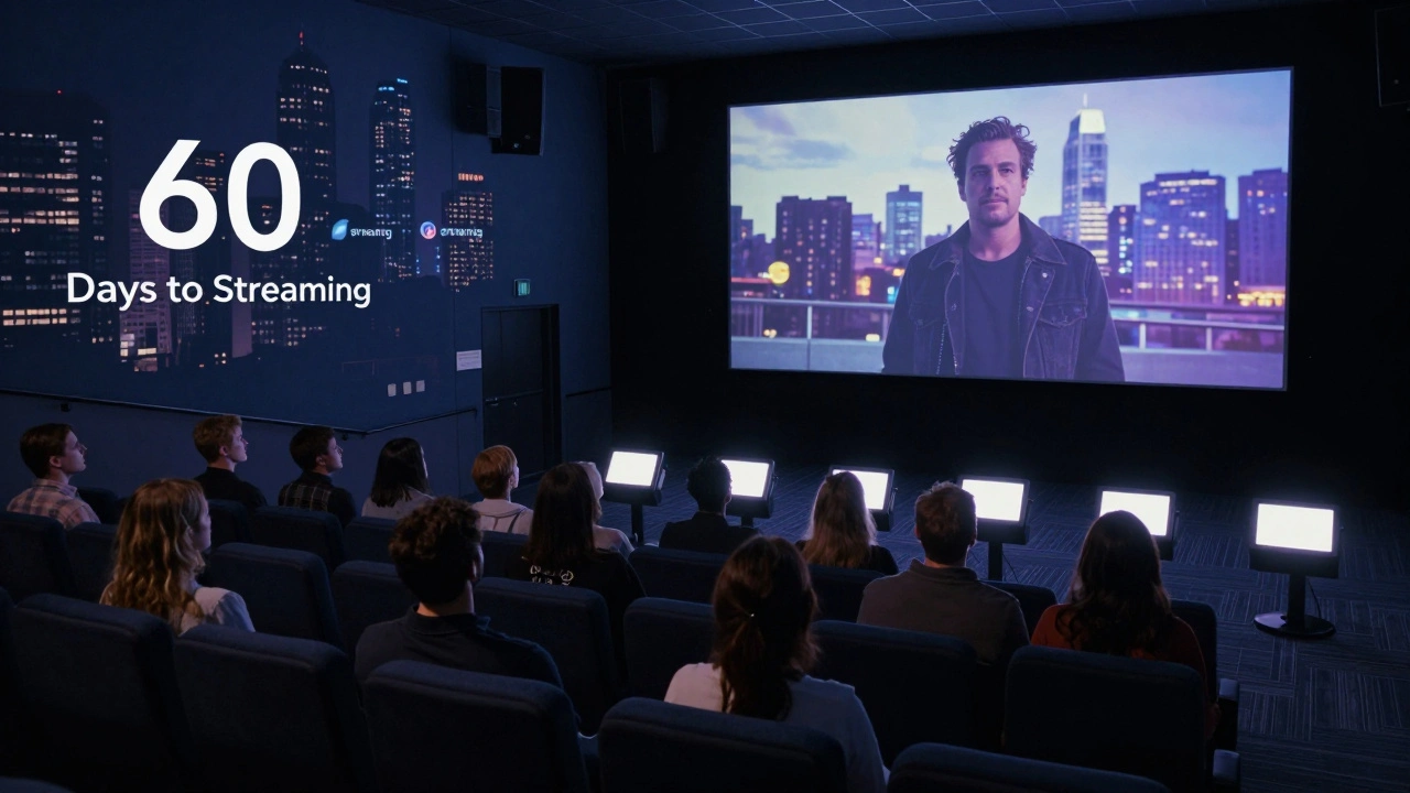 Academy voters watching a documentary on screen with a 60-day streaming countdown.