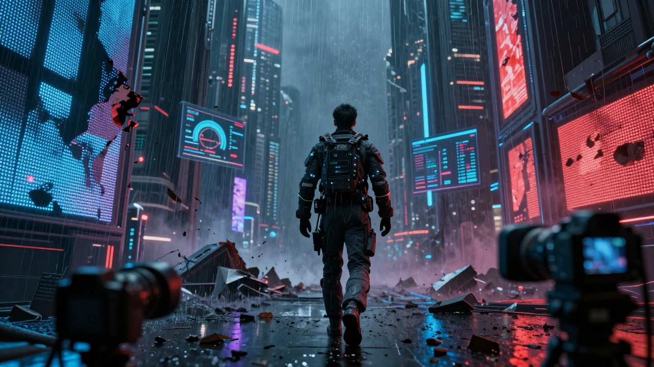 Actor in a haptic suit walking through a virtual collapsing alien city, LED walls and environmental effects simulating rain and wind during filming.