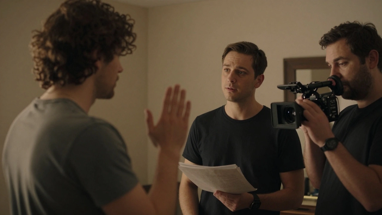 Actor signaling to stop a scene as intimacy coordinator intervenes.