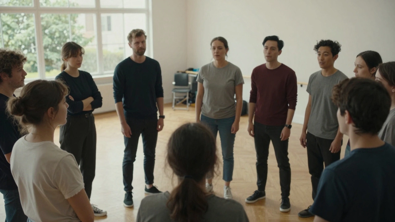 Actors in rehearsal room conducting improvisation exercises for character development.