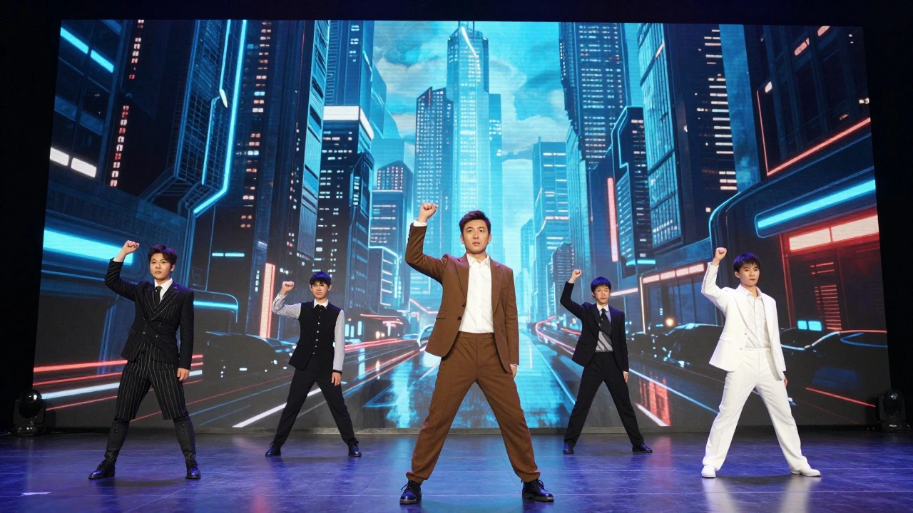 Actors on set with LED wall displaying cityscape for VFX integration.