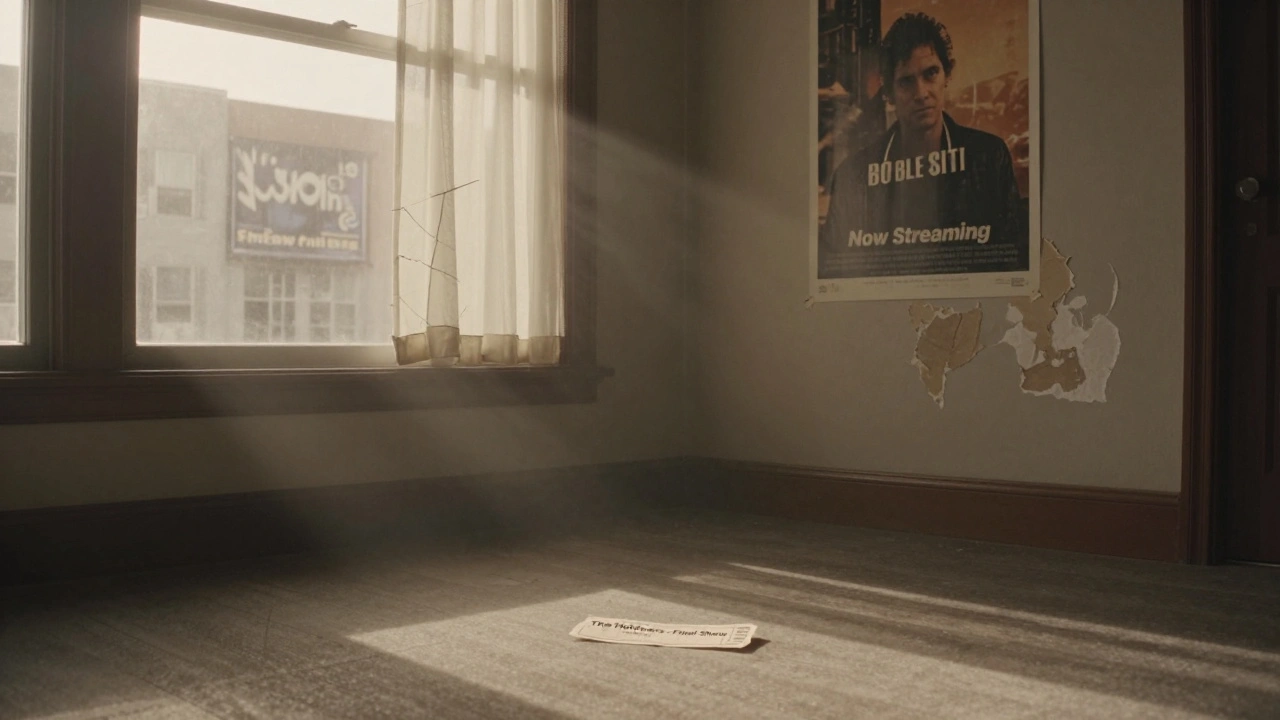 An abandoned historic theater at dawn, with a lone ticket stub and a streaming banner visible through the window.