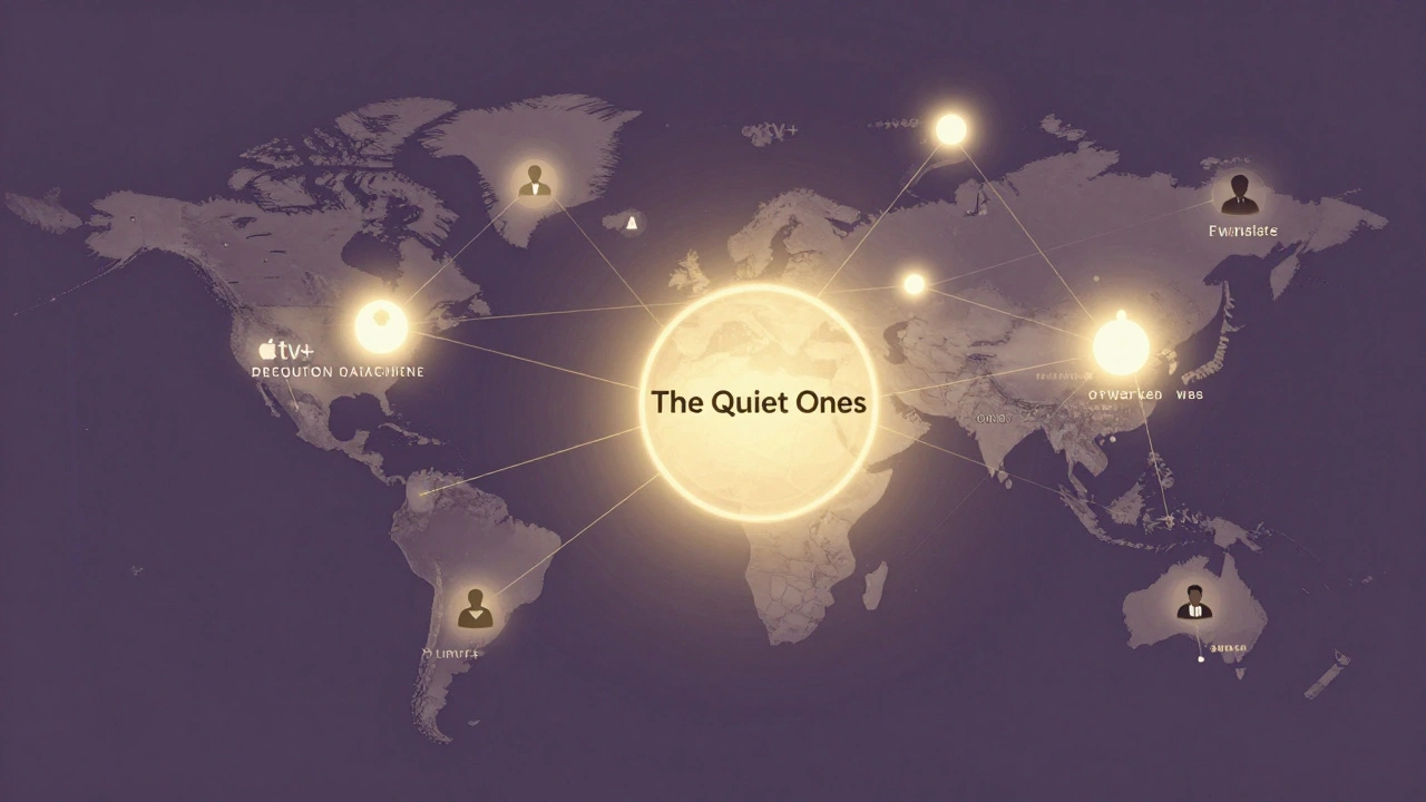 An abstract network of glowing nodes showing viewer engagement, centered on a film title with global connections.