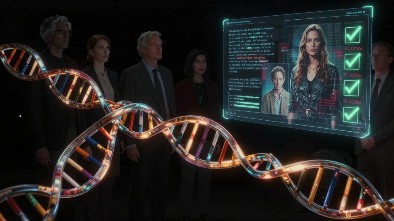 An abstract visualization of a film's structure being built from data threads — runtime, color, and emotional engagement intertwining into a movie reel.