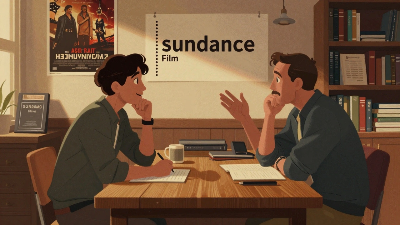 An actor and manager discuss career strategy in a cozy office filled with film posters and festival materials.