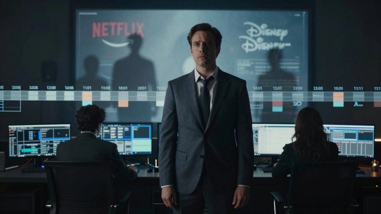 An actor confronts the constraints of a 12-month exclusivity agreement amid competing studio logos.