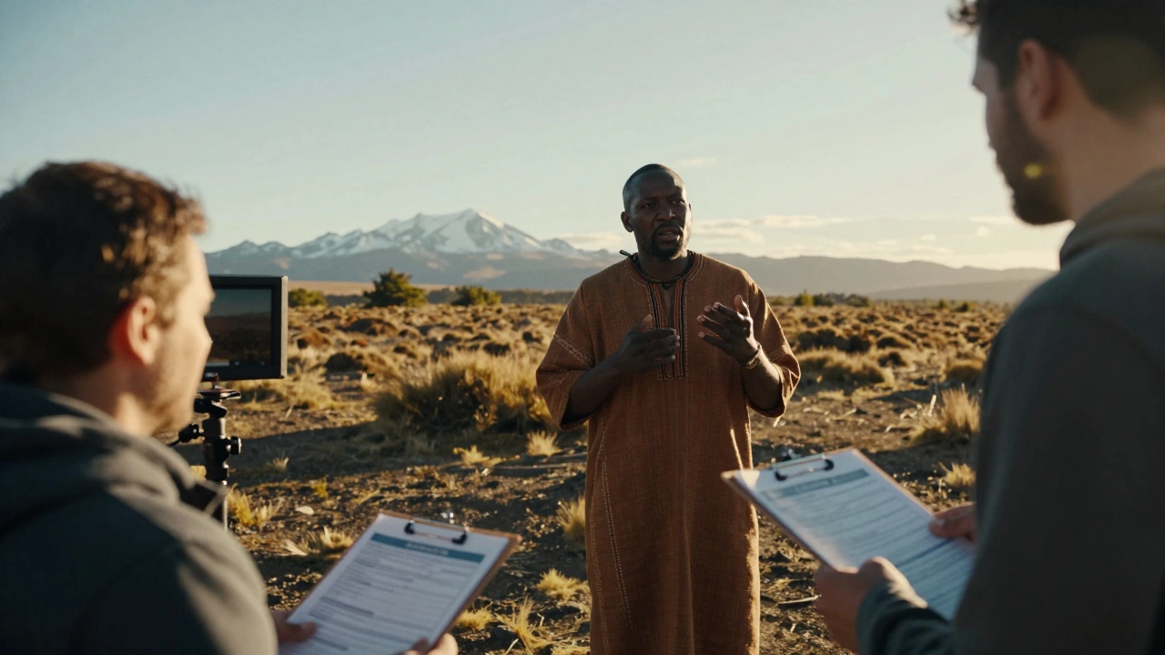 An actor speaks in Xhosa on a Patagonian set while a minority producer watches on a monitor.