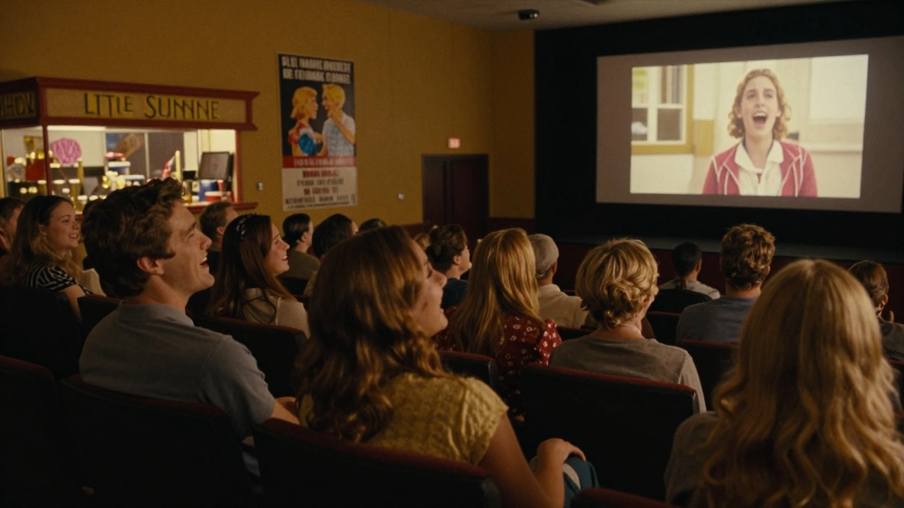 An audience in a dark theater laughing and crying during a heartfelt indie film screening.