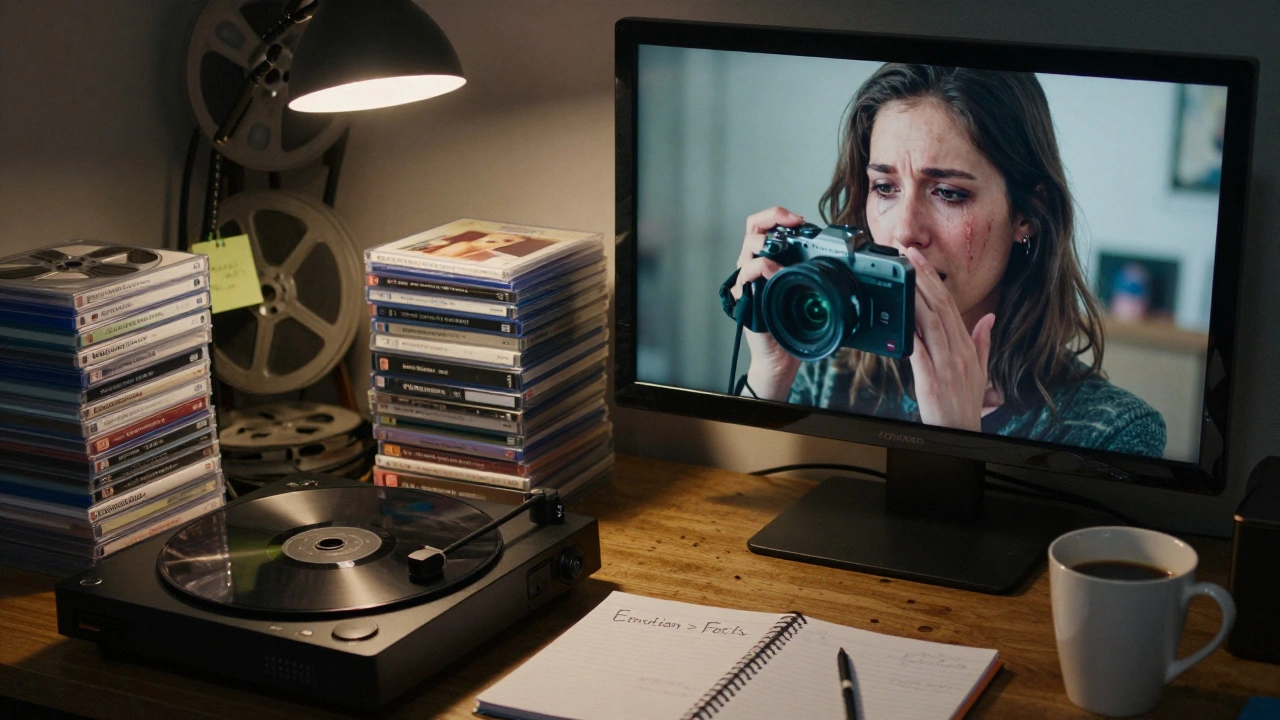 An editor works late at night, watching raw footage of a tearful subject on a monitor, surrounded by DVDs and handwritten notes.