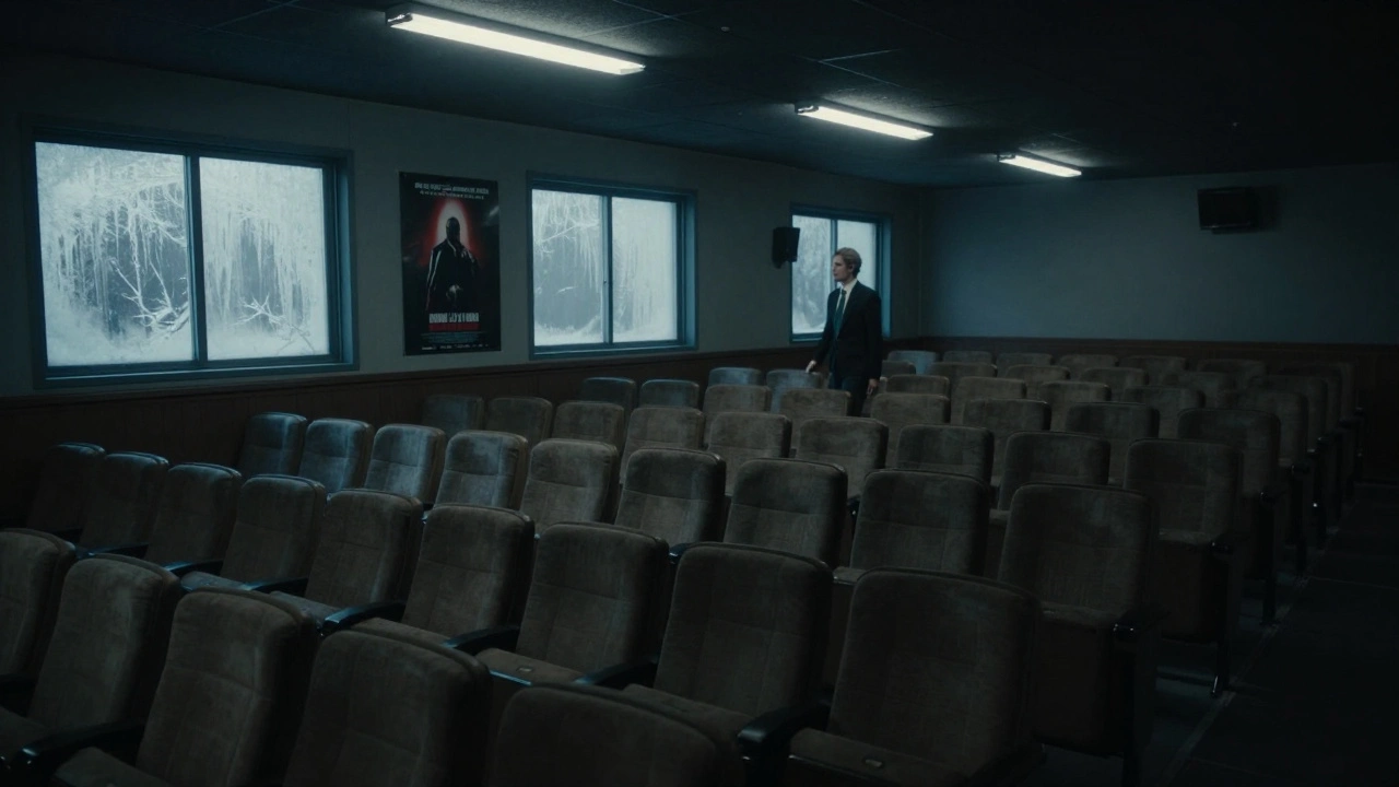 An empty movie theater in January with a lone usher and a forgotten horror film poster, under cold, dim lighting.