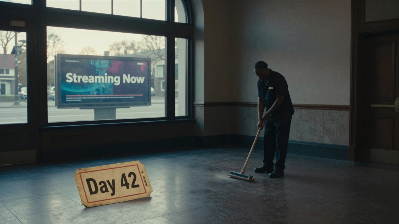 An empty theater lobby at dawn with a faded ticket stub and a digital billboard announcing streaming, symbolizing the end of a long theatrical run.