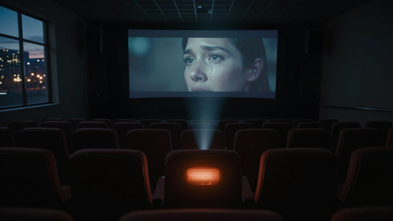 An empty theater seat glows softly with haptic feedback as infrared light scans the room, screen showing a quiet cinematic moment.