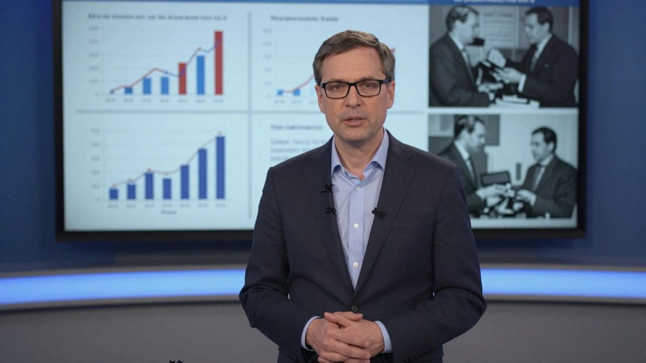 An expert speaks to camera in a studio, with data visualizations and archival footage projected behind them.