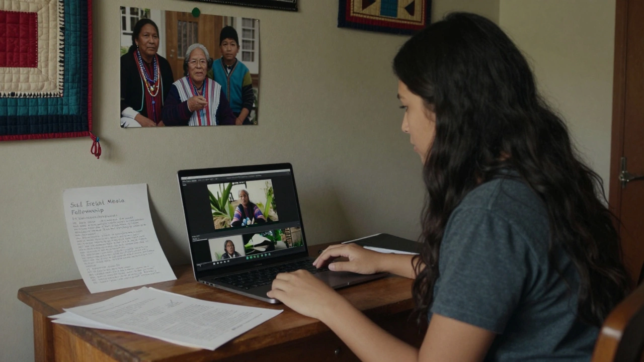 An Indigenous filmmaker at her desk, surrounded by storyboards and a heartfelt letter from her grandmother.
