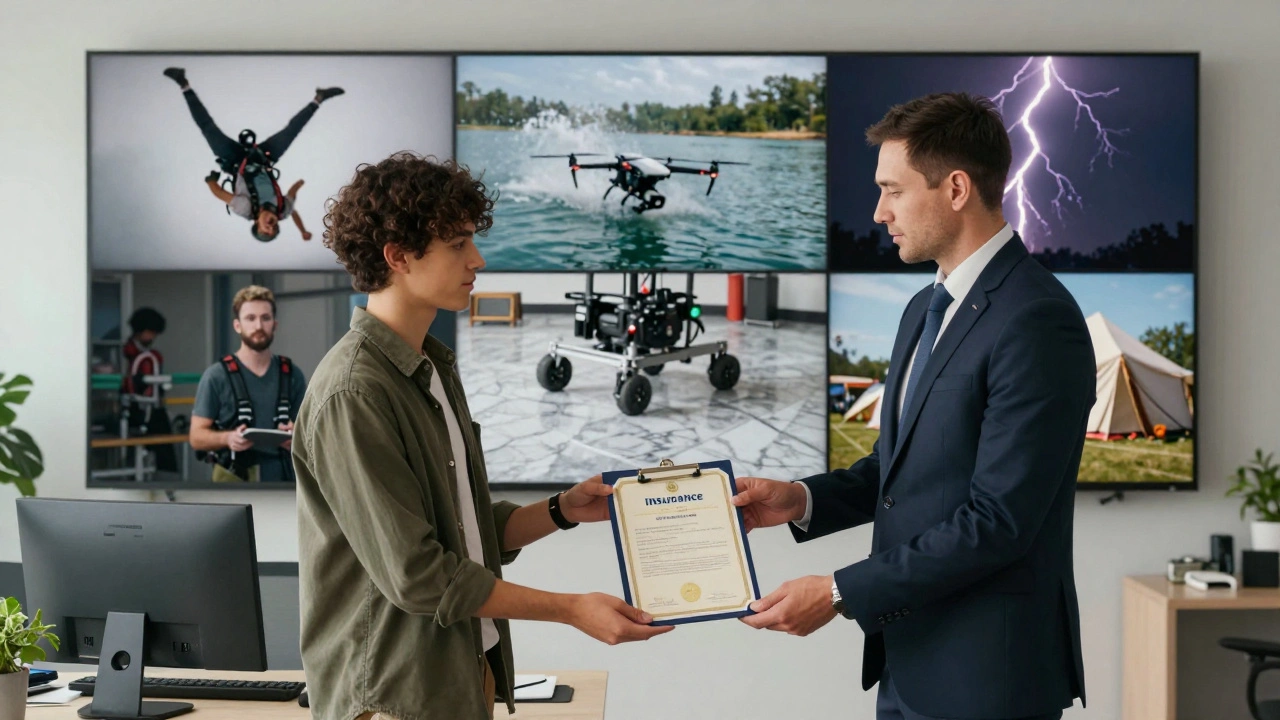 An insurance agent handing a certificate to a filmmaker while four production risks unfold in a split-screen background.