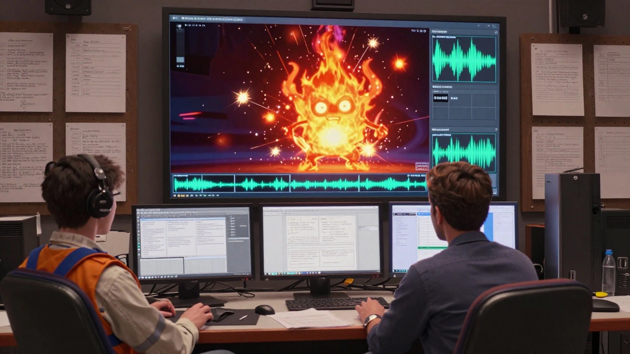 Animators adjusting a fiery character's movements to match fast-talking voice recordings, with sparks and explosions synced to audio waves.