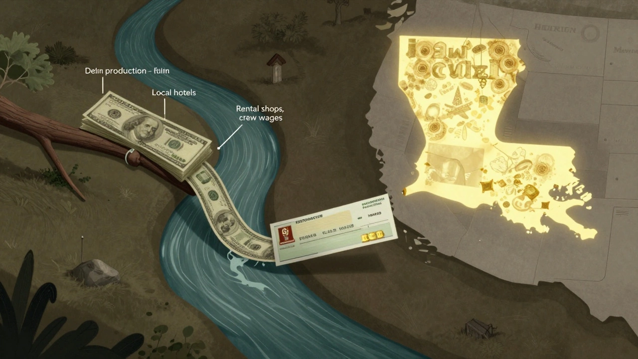 Artistic financial flow showing money spent locally and rebate returning, with U.S. states glowing on map.
