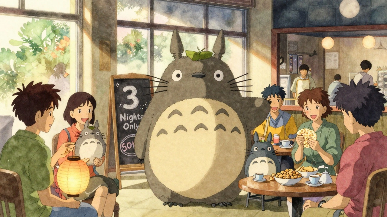 Audience members in a theater lobby after a Totoro screening, sharing tea and holding handmade lanterns and plush toys.