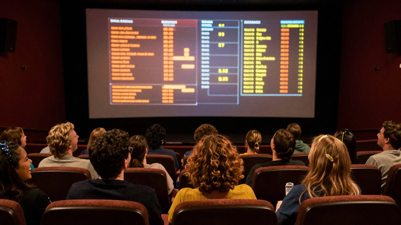 Audience watching a thriller in a Midwest theater with glowing data visualizations in background.
