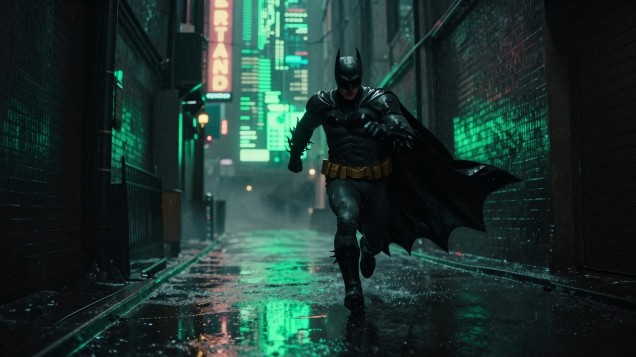 Batman runs through a rainy Gotham alley, neon and strobe lights reflecting off wet surfaces.