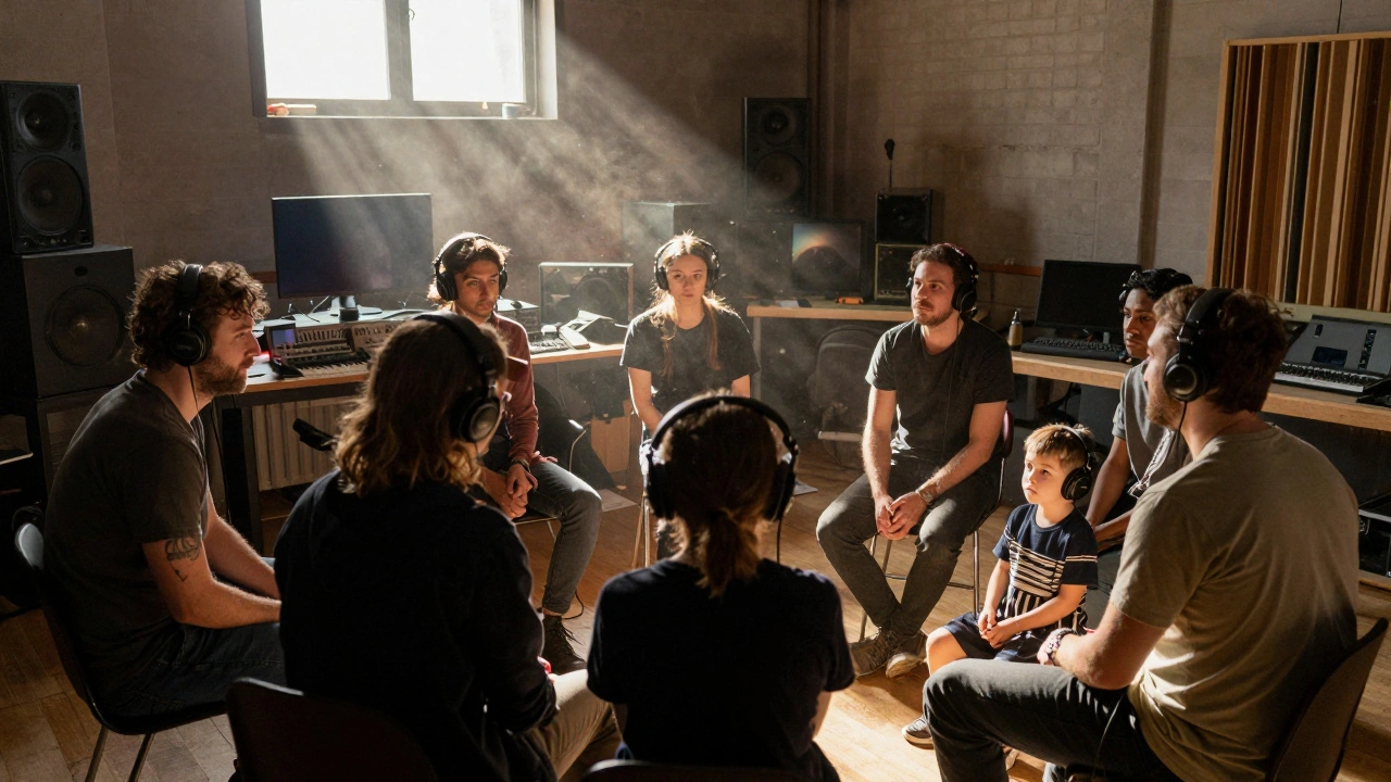 Behind-the-scenes crew listen to music on headphones in a warehouse, lit by monitor glow, dust floating in the air.