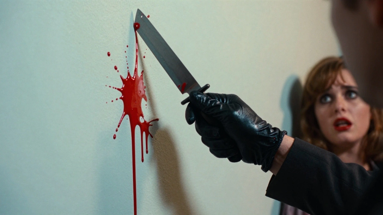 Black-gloved hand with blood splatter on pastel wall