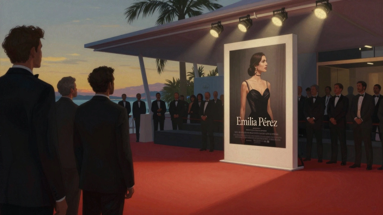Cannes red carpet with a prestigious film poster lit by spotlights under palm trees.