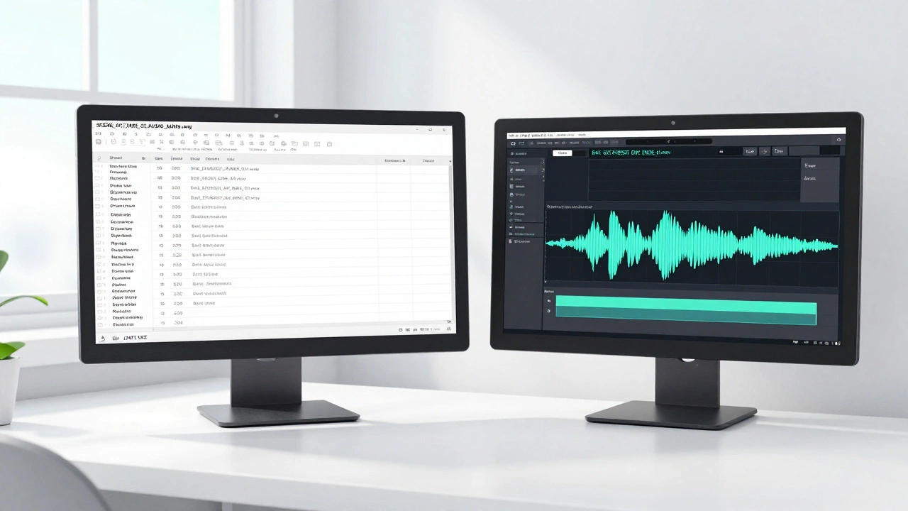 Clean digital workspace with organized folders and synced audio waveforms.