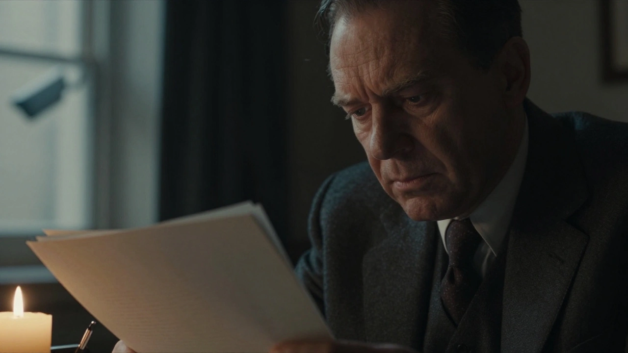 Close-up of George Smiley observing documents with quiet intensity