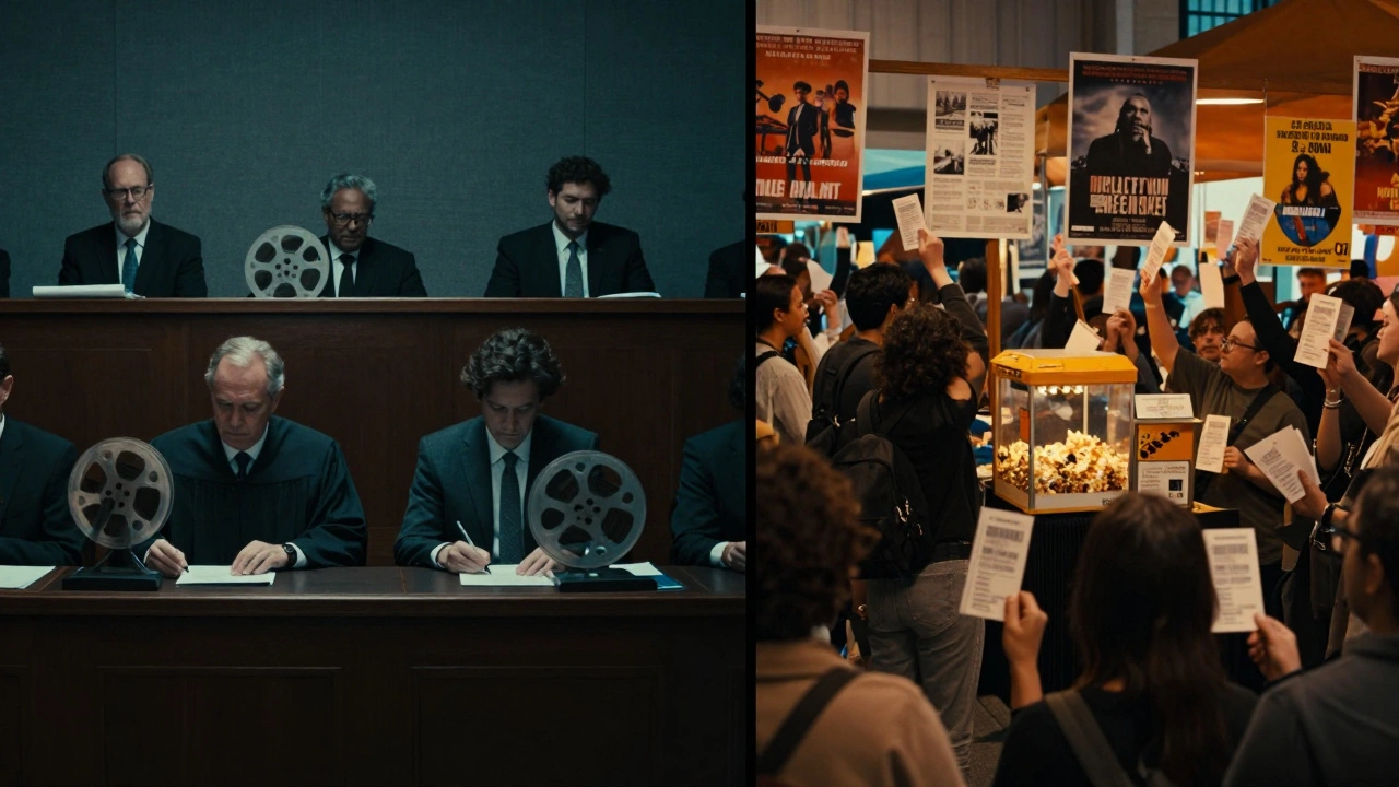 Contrasting scenes: judges reviewing films and audience members voting at a festival.