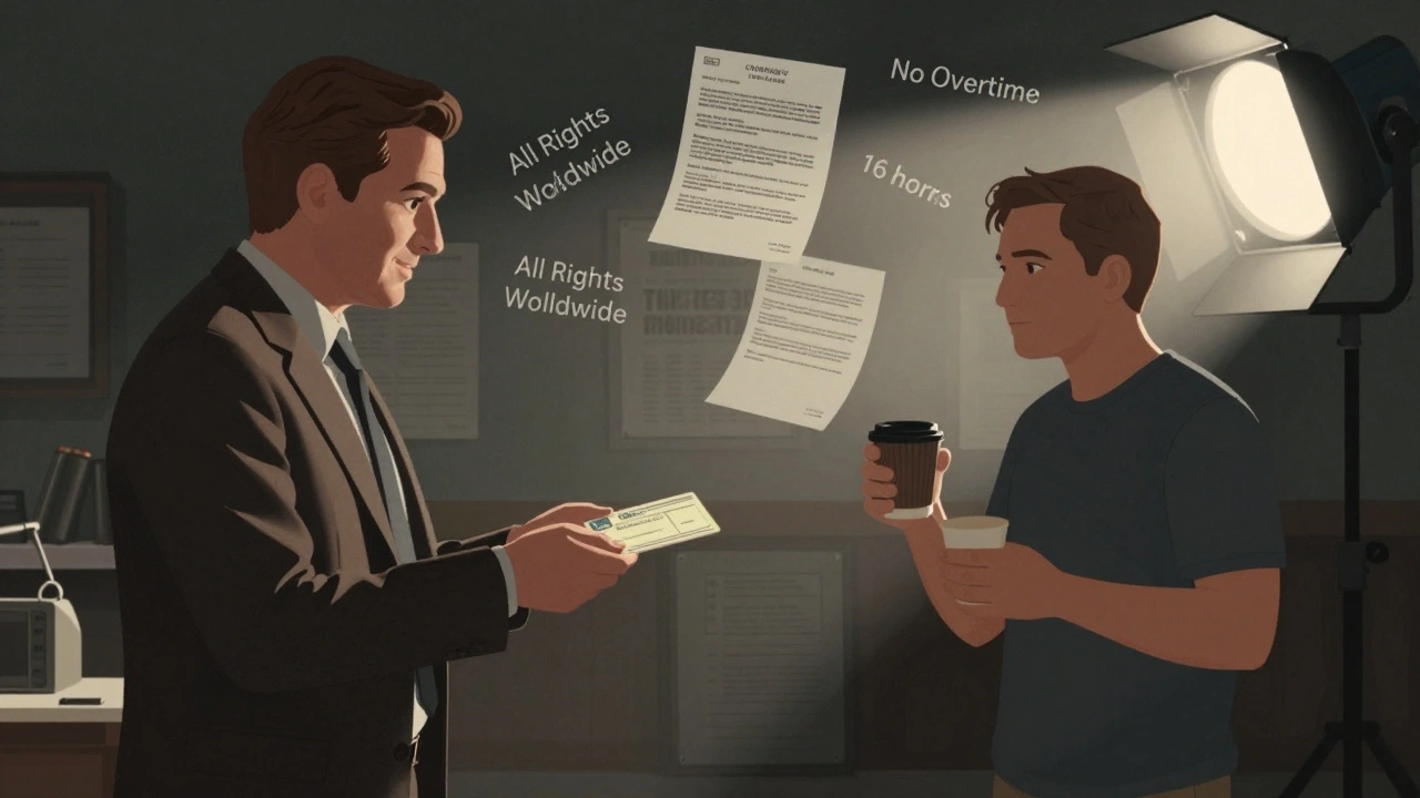 Contrasting scenes of union and non-union film workers, highlighting pay and working conditions.