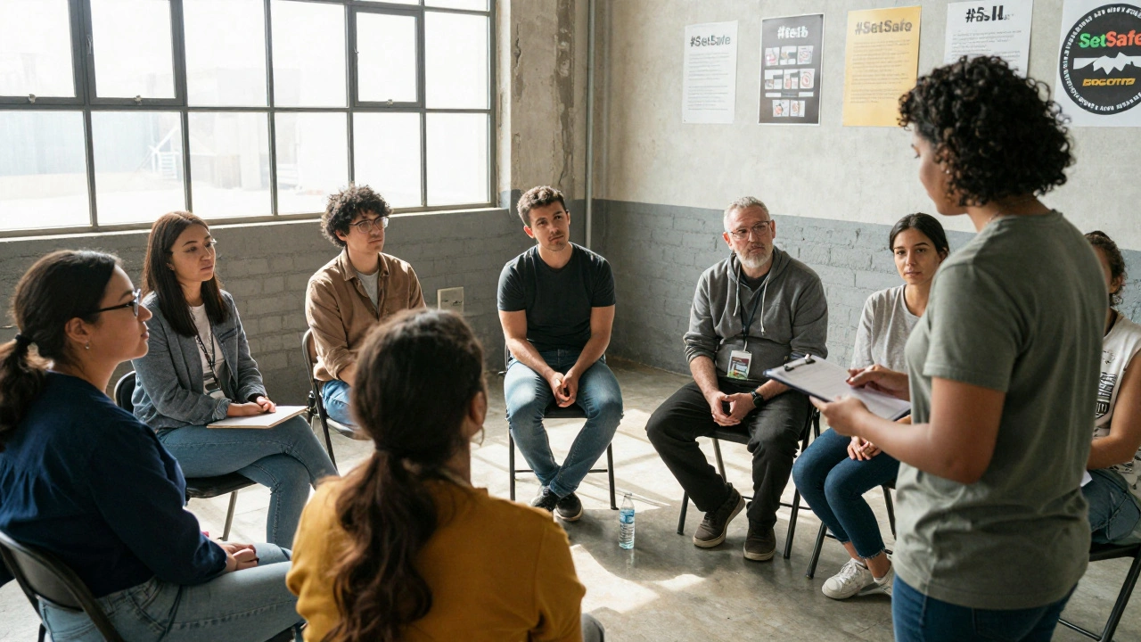 Crew gathered in circle with counselor after a long shoot day.