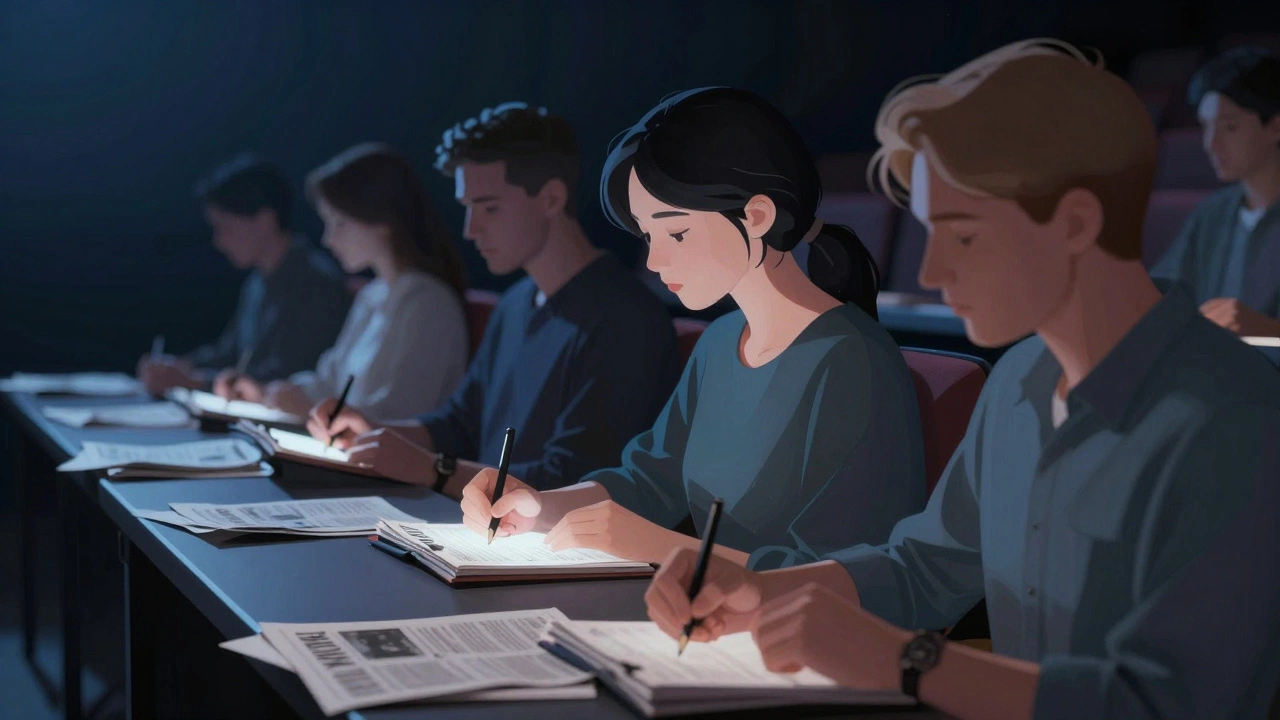 Critics taking notes in a theater with screen glow.