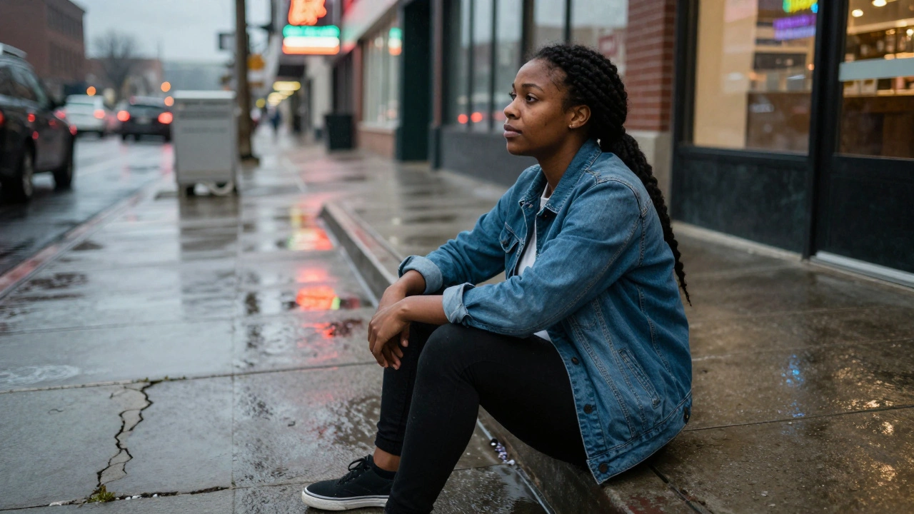 Da’Vonne Joy sitting on a rainy Detroit sidewalk at dusk, gazing quietly into the distance with quiet strength.