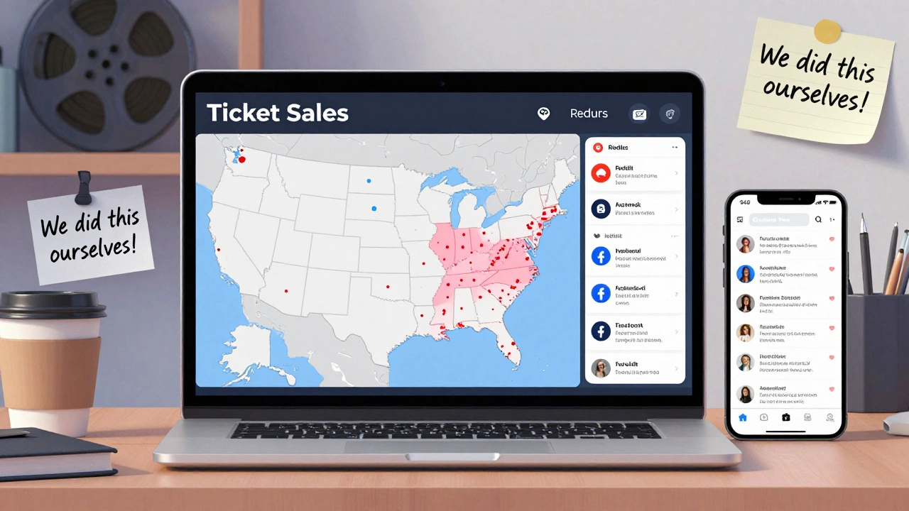 Digital dashboard showing U.S. map with 47 glowing cities where an indie film had theater screenings.