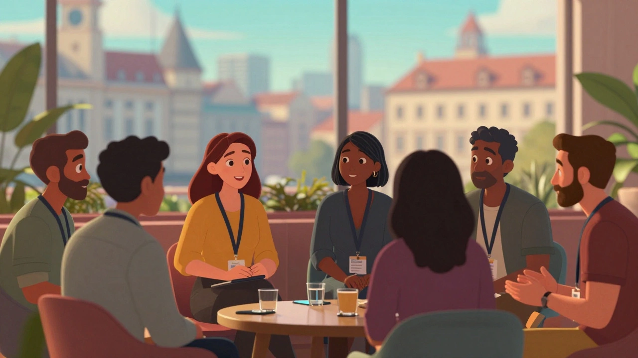 Diverse filmmakers networking at festival lounge with city skyline