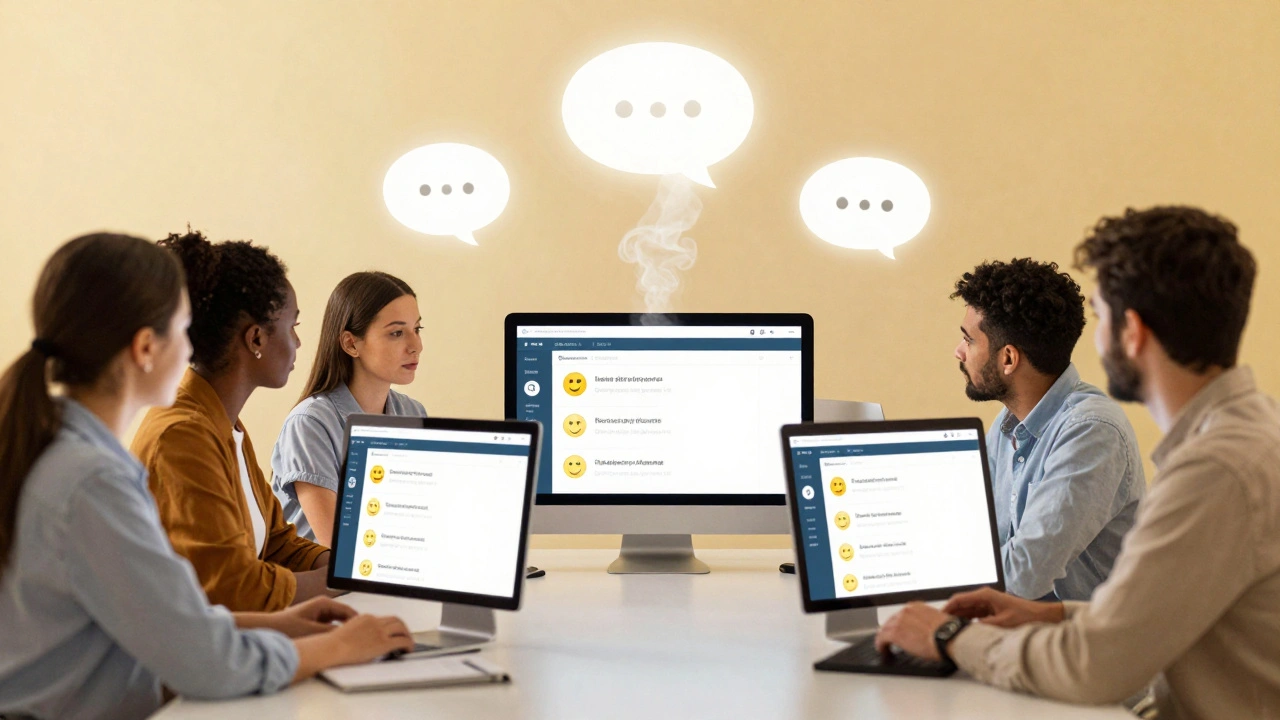 Diverse moderators overseeing calm online film discussions as toxic comments disappear.