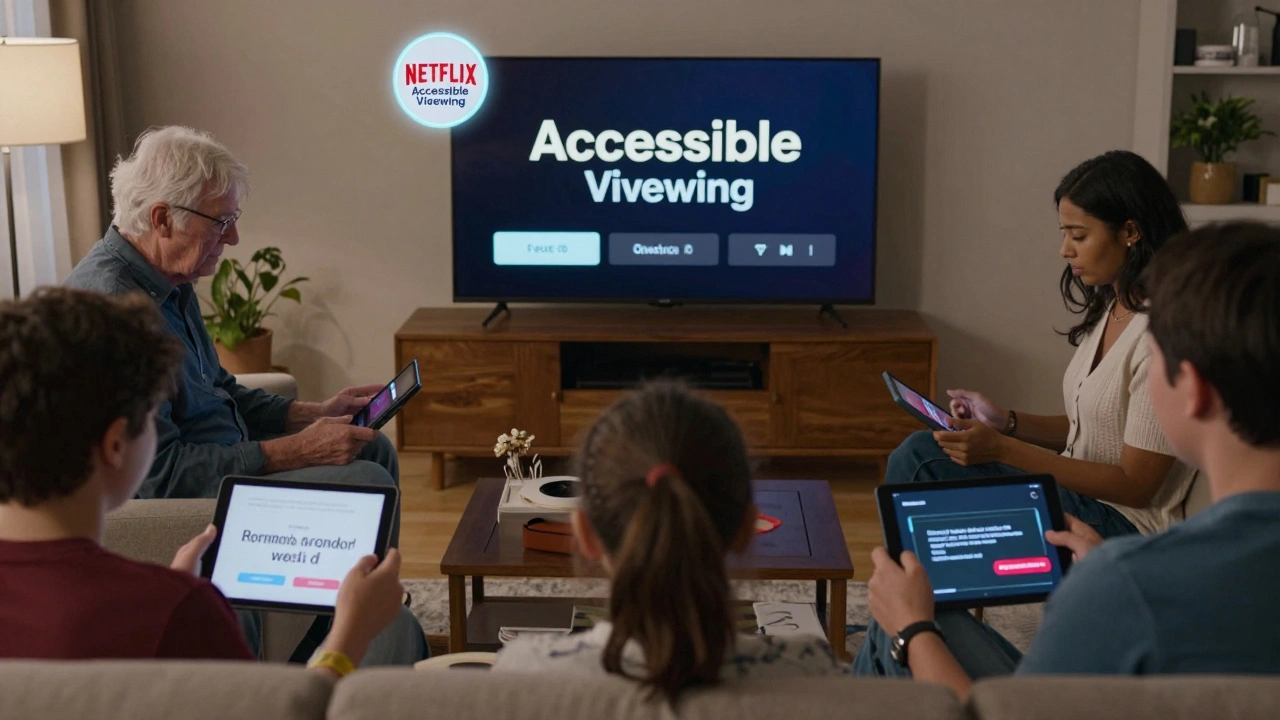 Diverse viewers in a living room use customized subtitle settings on their devices to enhance film accessibility.
