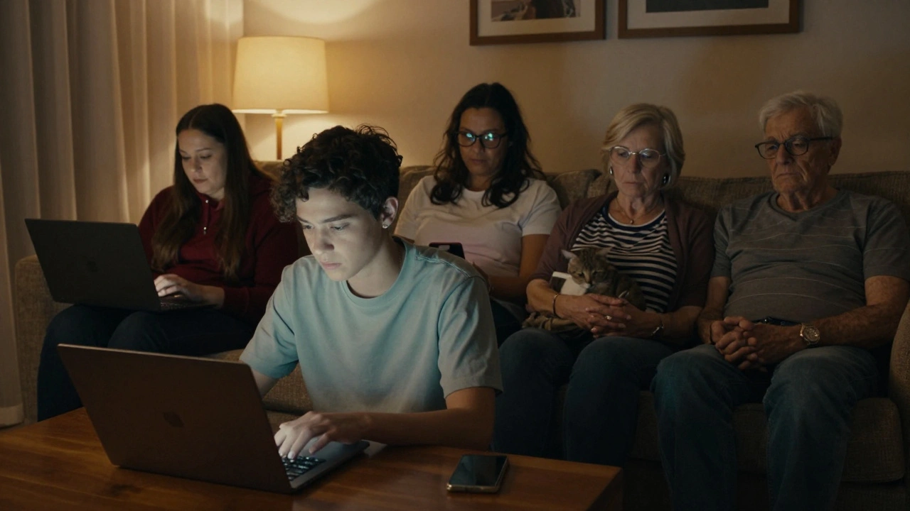 Diverse viewers watching a queer film on screens in a cozy living room at night.