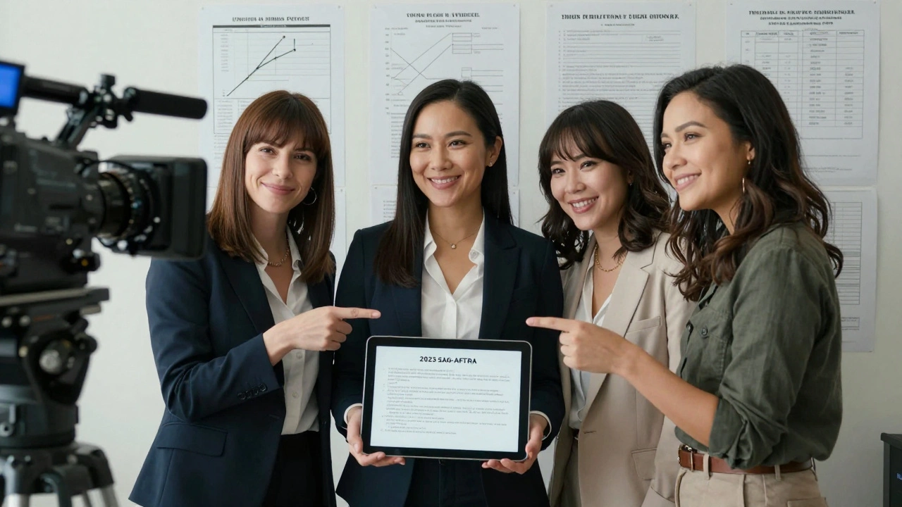 Diverse women in film leadership reviewing union hiring policies in a modern production trailer.