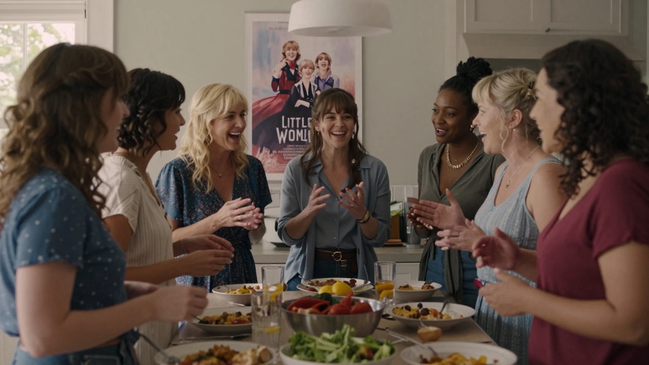 Diverse women laughing together in a kitchen, surrounded by signs of female storytelling.