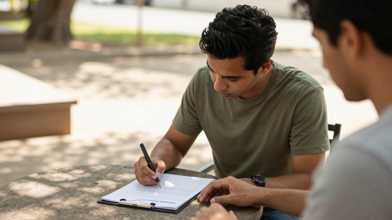 Documentary filmmaker and subject signing release form outdoors