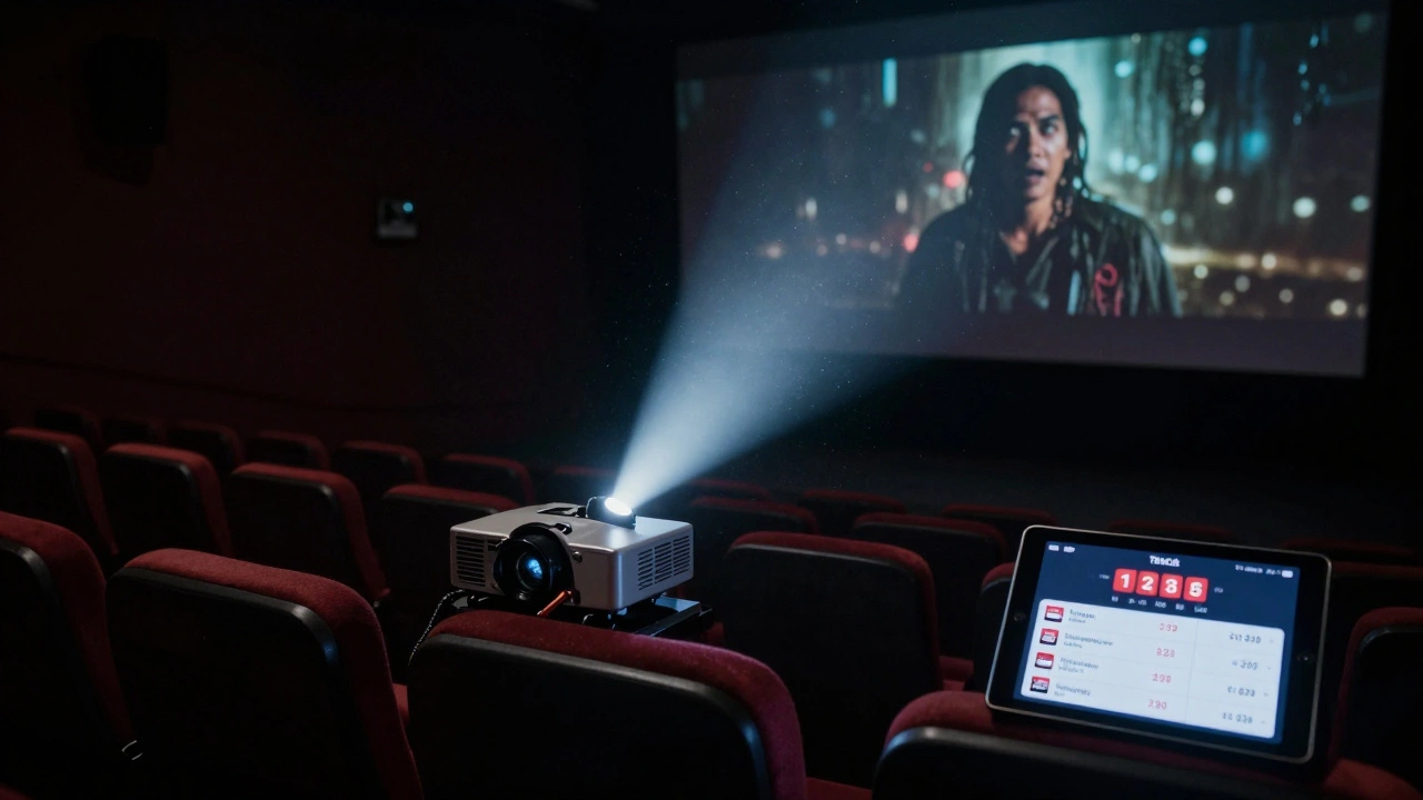 Empty theater lit by a projector showing a horror film, with a tablet displaying Southeast Asian box office data.