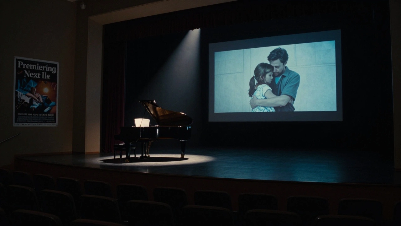 Empty theater with solo piano under spotlight, silent film projection playing, no music heard.