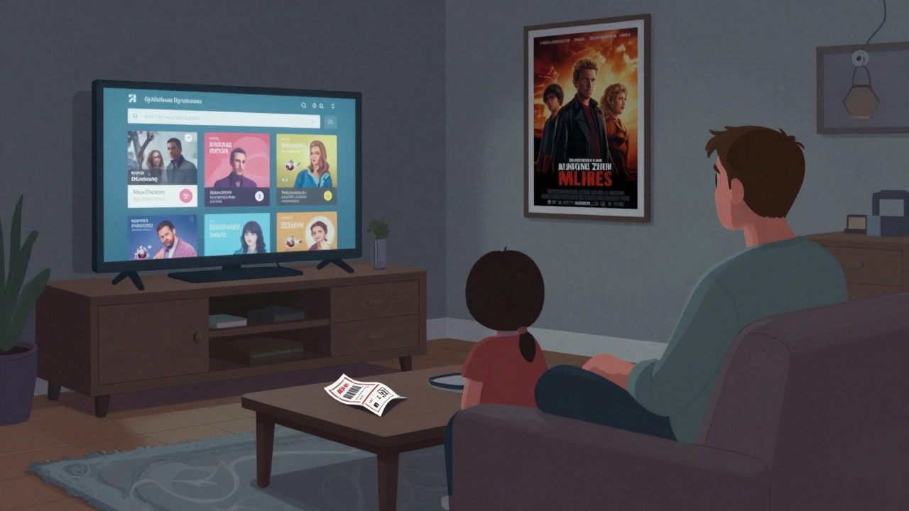 Family comparing streaming and theater options at home